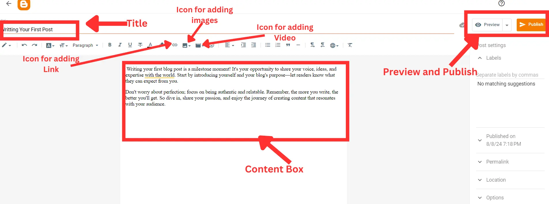 Publishing your first post in blogger setup