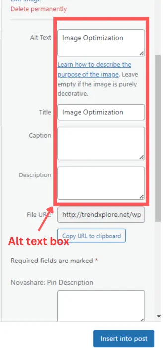 "Diagram showing steps to add alt text and descriptions for SEO secrets.
