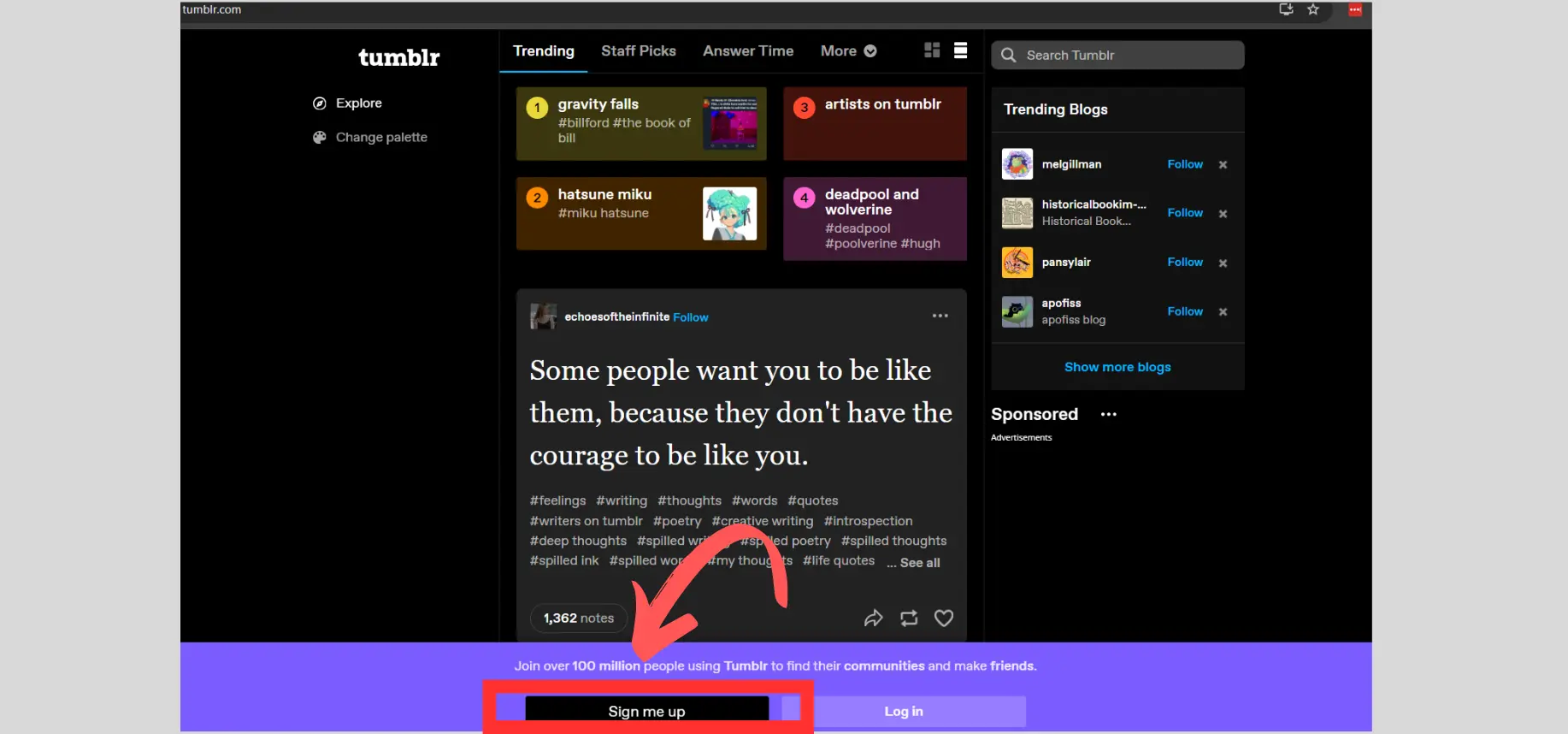 How to Start a Blog on Tumblr - Click on the "Sign me Up" button 