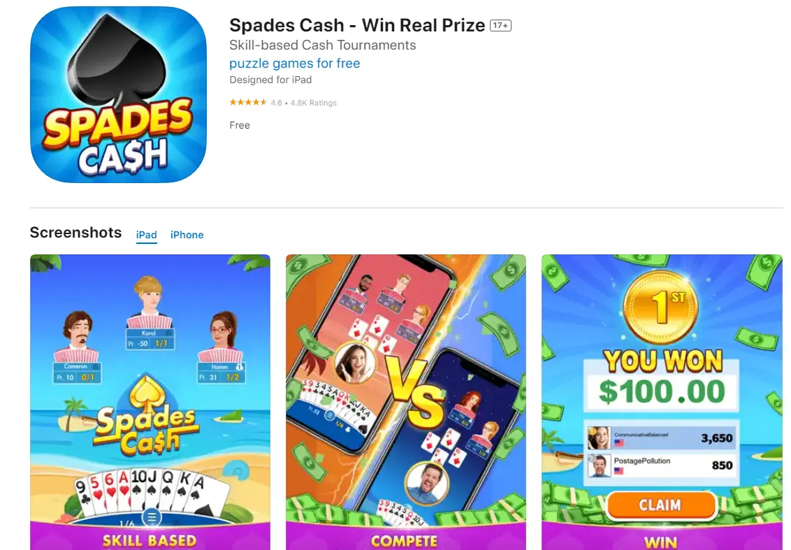 Spades Cash is one of the apps that pays $100 a day for playing Spades card games.