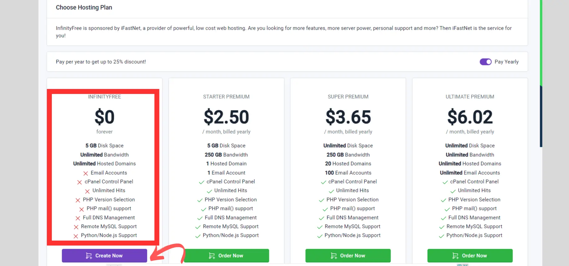 Choose the Infinityfree Package - free hosting for blog