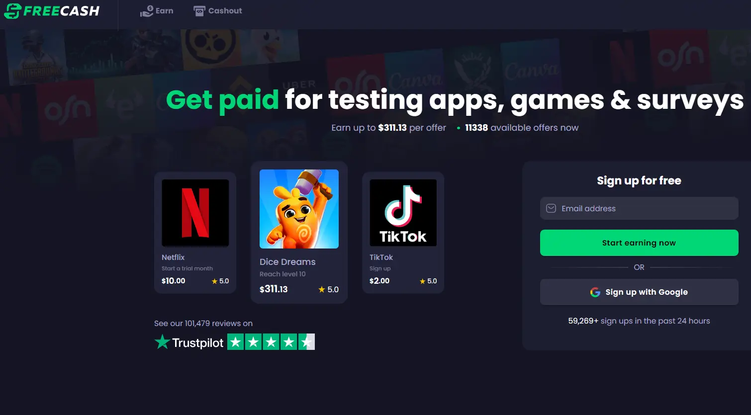 Freecash is one of the apps that pays $100 a day for completing offers and surveys